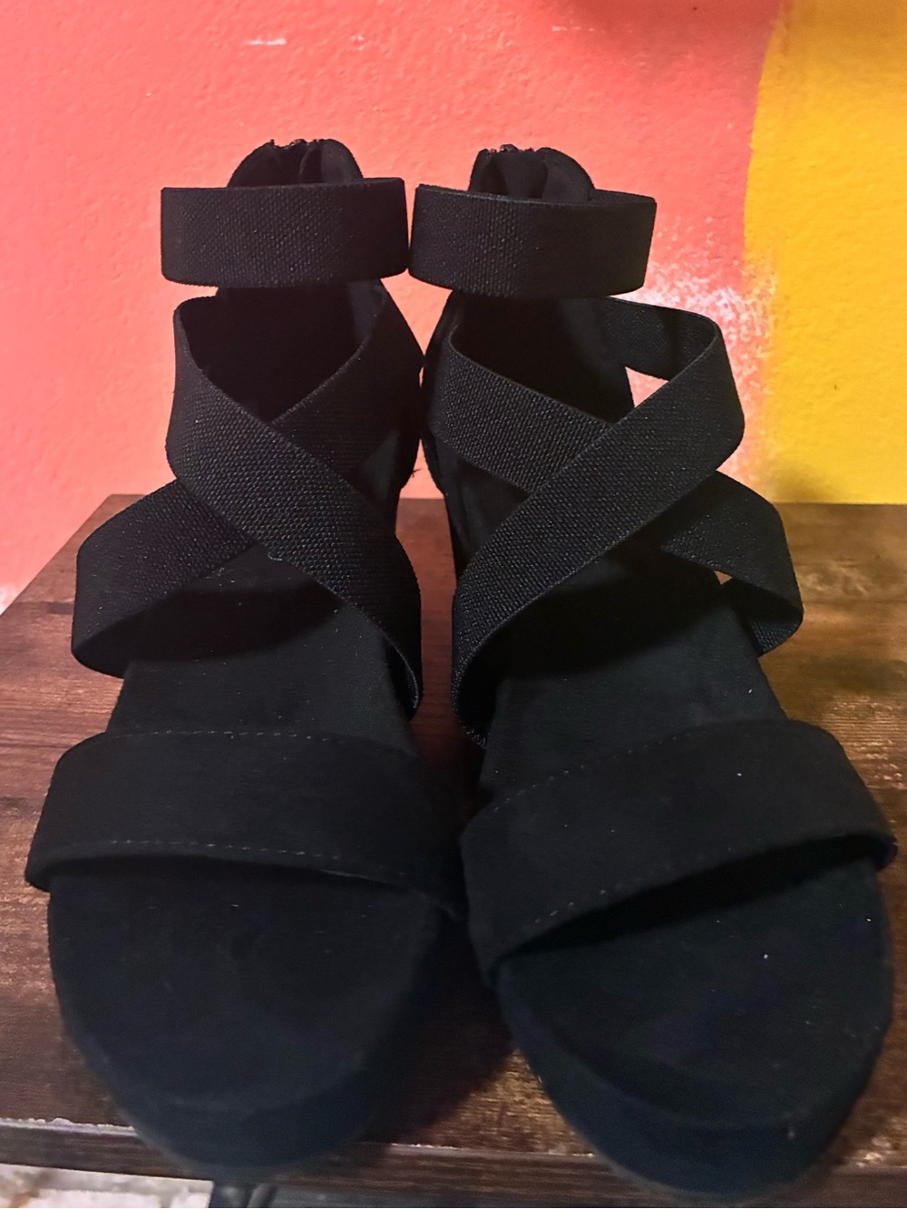 Women's Black Elastic Strap Wedge Sandals